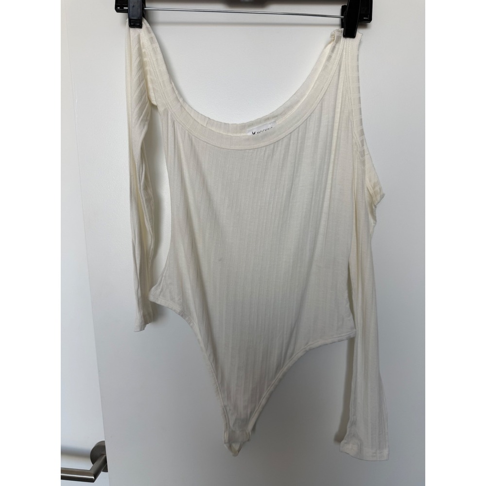Mocking Jay White Ribbed Cold Shoulder Long Sleeve Bodysuit Small MT2259 USA